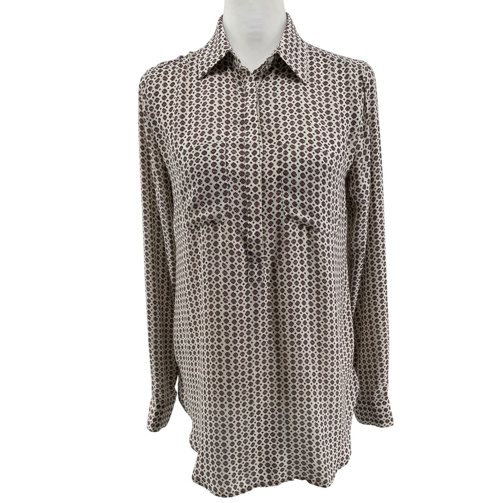 Ann Taylor LOFT Blouse Women XS Cream Burgundy Floral Long Sleeve Tunic Top